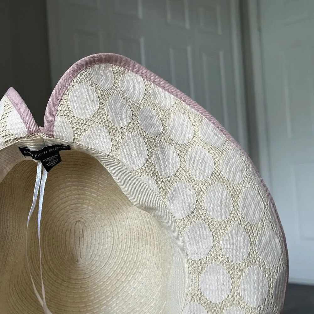 Saks Fifth Avenue Cream Beige Wide Brim Sun Beach Hat Boho Dusty Pink Packable